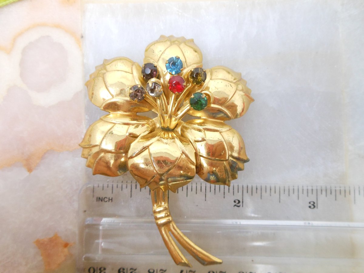 Vintage Rhinestone Flower Pin Fruit Salad Brooch Stamped Brass Mid Century Jewelry Gift, VivianJoel.com
