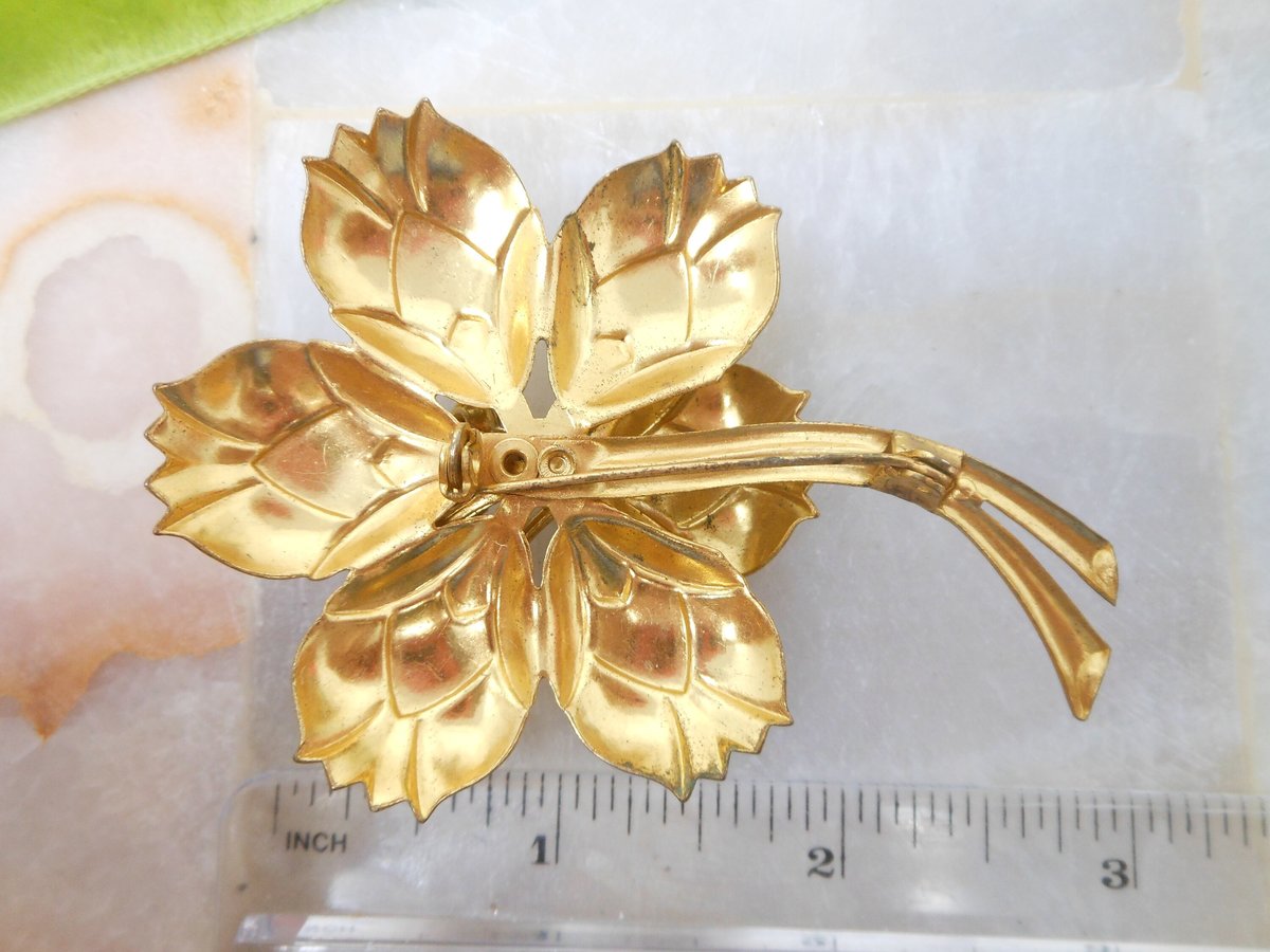 Vintage Rhinestone Flower Pin Fruit Salad Brooch Stamped Brass Mid Century Jewelry Gift, VivianJoel.com