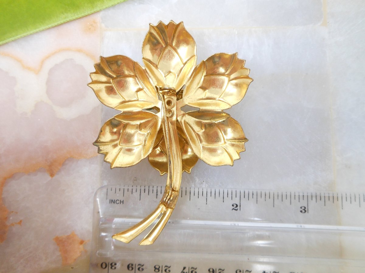 Vintage Rhinestone Flower Pin Fruit Salad Brooch Stamped Brass Mid Century Jewelry Gift, VivianJoel.com