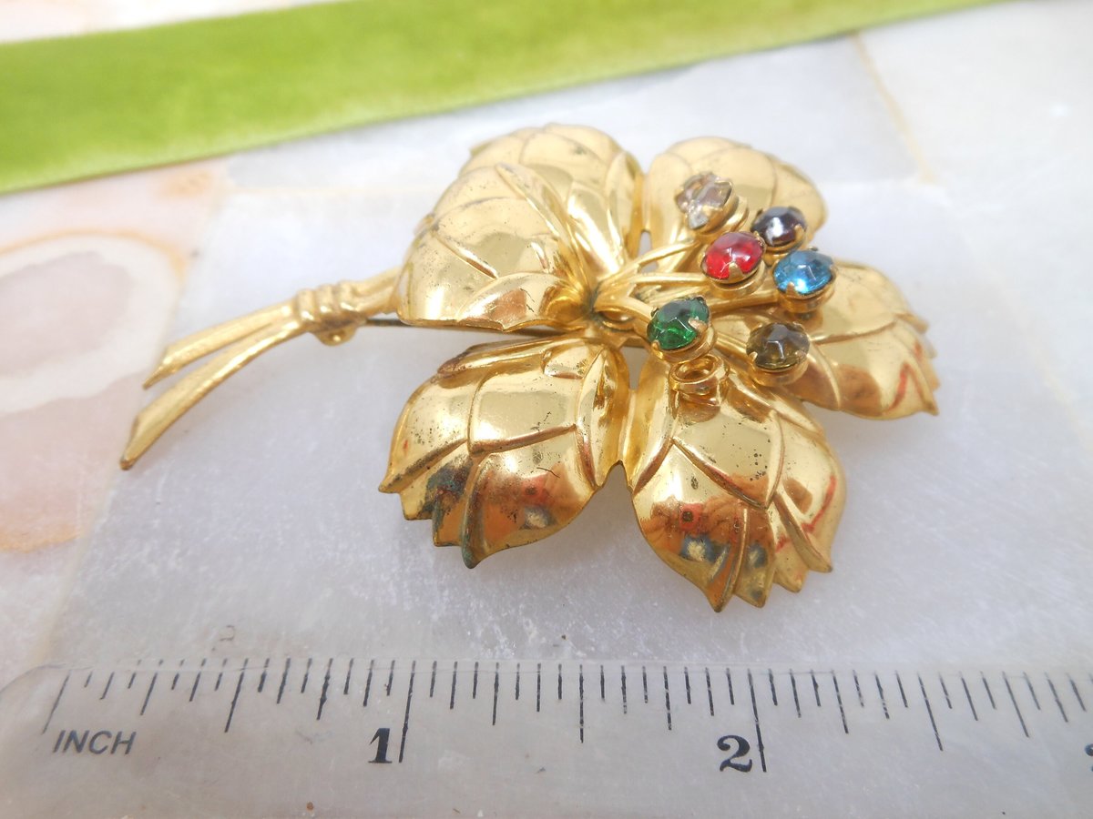 Vintage Rhinestone Flower Pin Fruit Salad Brooch Stamped Brass Mid Century Jewelry Gift, VivianJoel.com