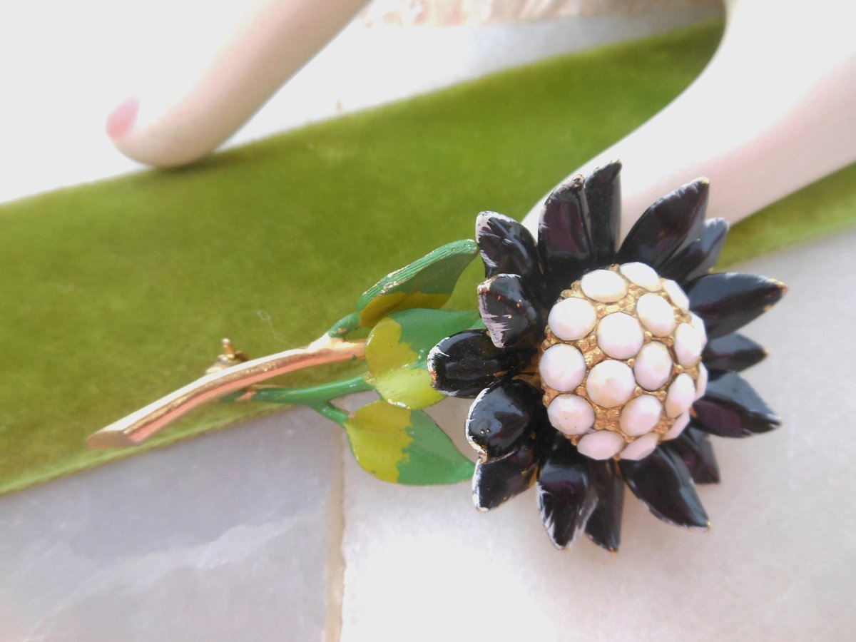 Vintage Black White Enamel Flower Pin Brooch Mod Daisy Mid Century Jewelry Gift, VivianJoel.com