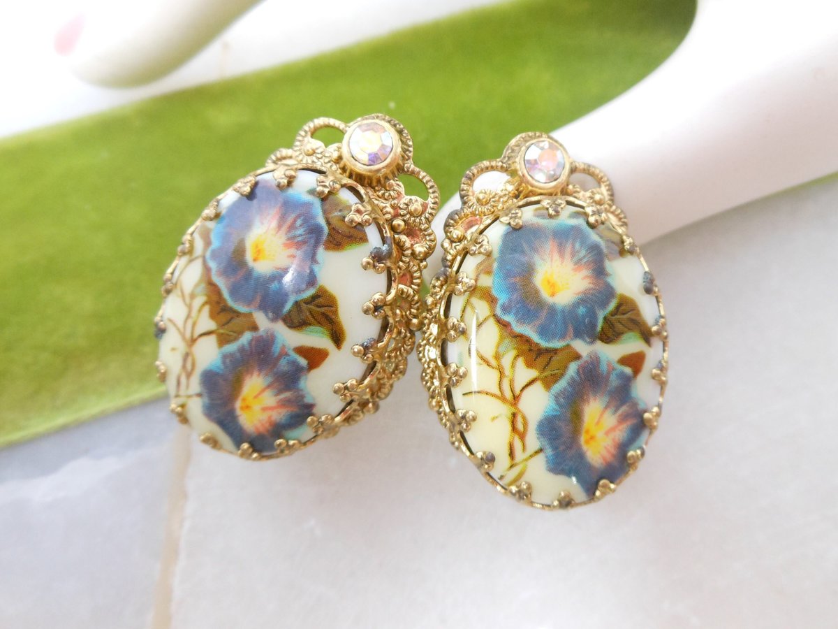 Vintage WEST GERMANY Blue Flower Rhinestone Earrings Victorian Revival Ornate Clip On Designer Mid Century Jewelry Gift, VivianJoel.com