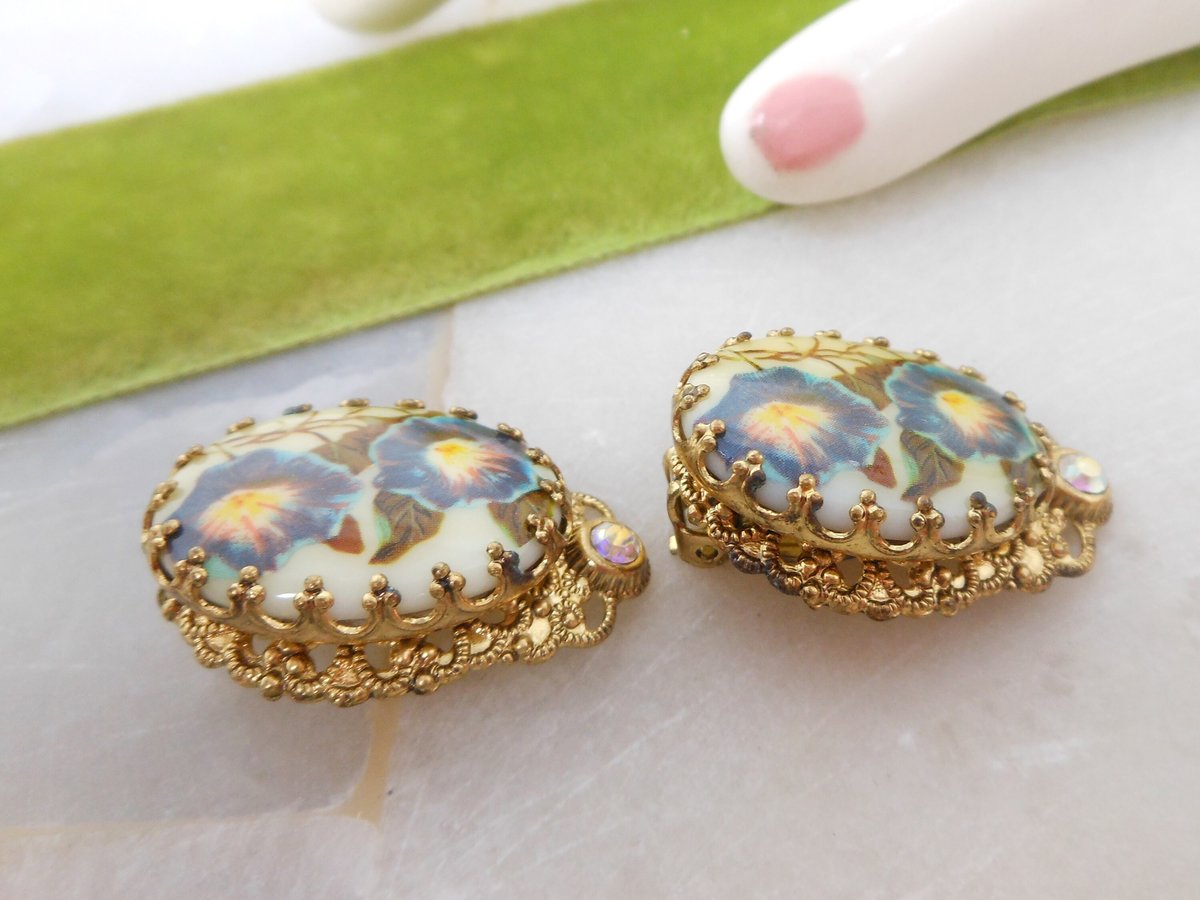 Vintage WEST GERMANY Blue Flower Rhinestone Earrings Victorian Revival Ornate Clip On Designer Mid Century Jewelry Gift, VivianJoel.com