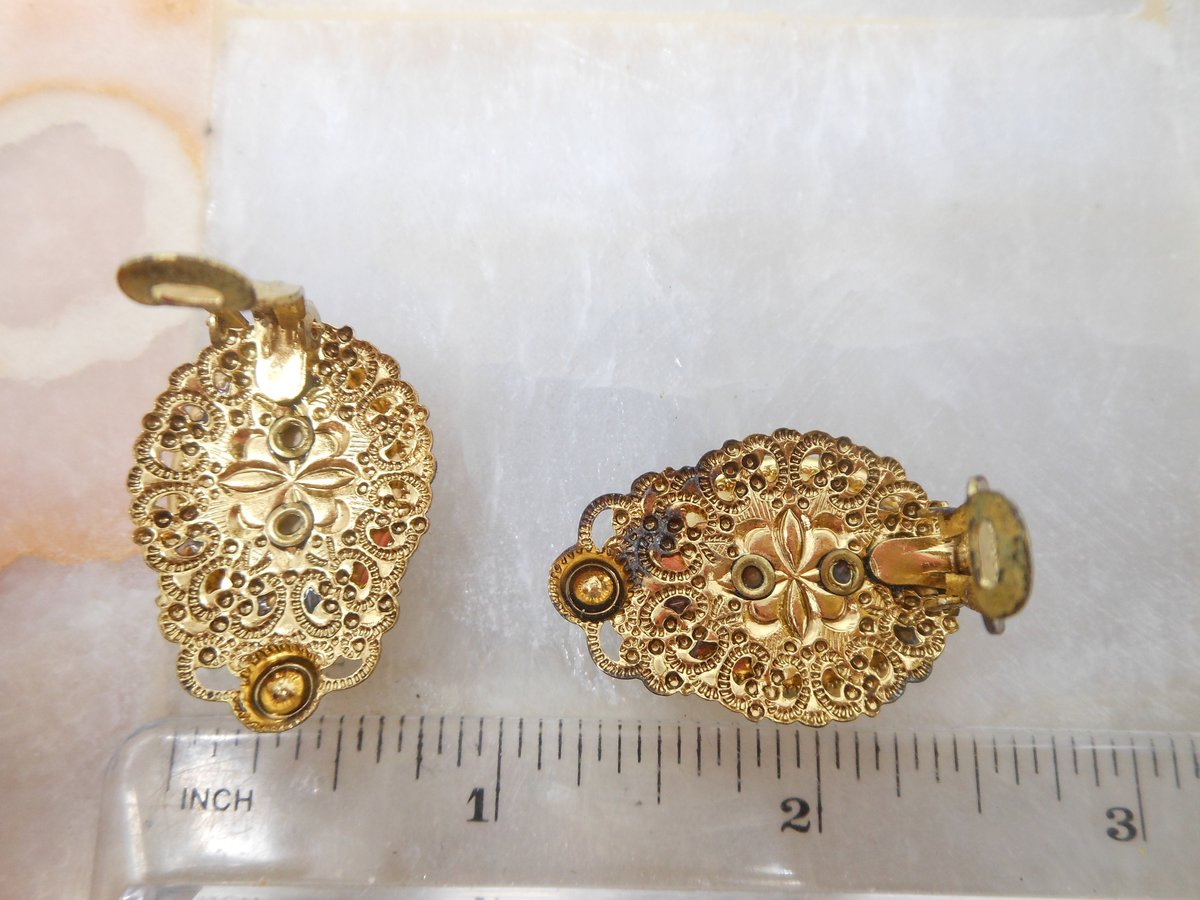 Vintage WEST GERMANY Blue Flower Rhinestone Earrings Victorian Revival Ornate Clip On Designer Mid Century Jewelry Gift, VivianJoel.com