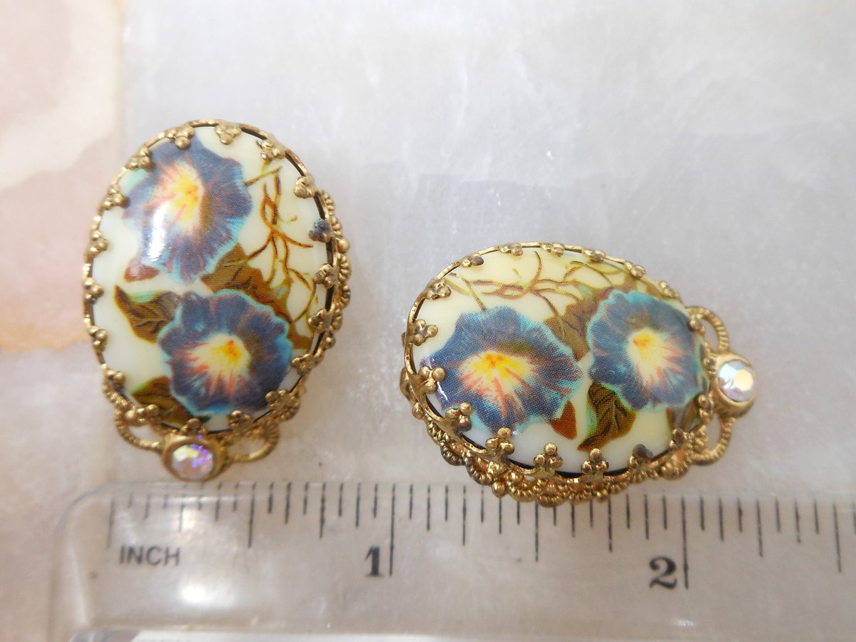 Vintage WEST GERMANY Blue Flower Rhinestone Earrings Victorian Revival Ornate Clip On Designer Mid Century Jewelry Gift, VivianJoel.com