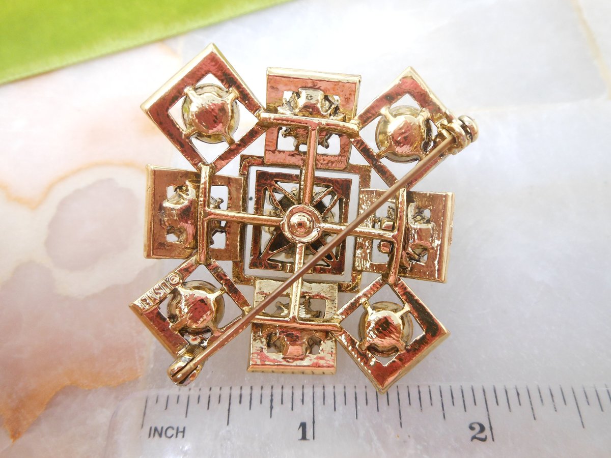 Vintage LISNER Maltese Cross Pin Brooch Ornate Crystal Rhinestone Designer Mid Century Jewelry Gift, VivianJoel.com