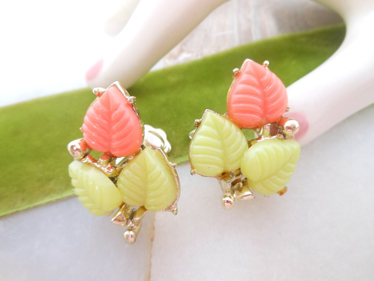 Vintage Orange Lime Green Leaf Earrings Chunky Clip On Thermoset Plastic Retro Mid Century Jewelry Gift, VivianJoel.com