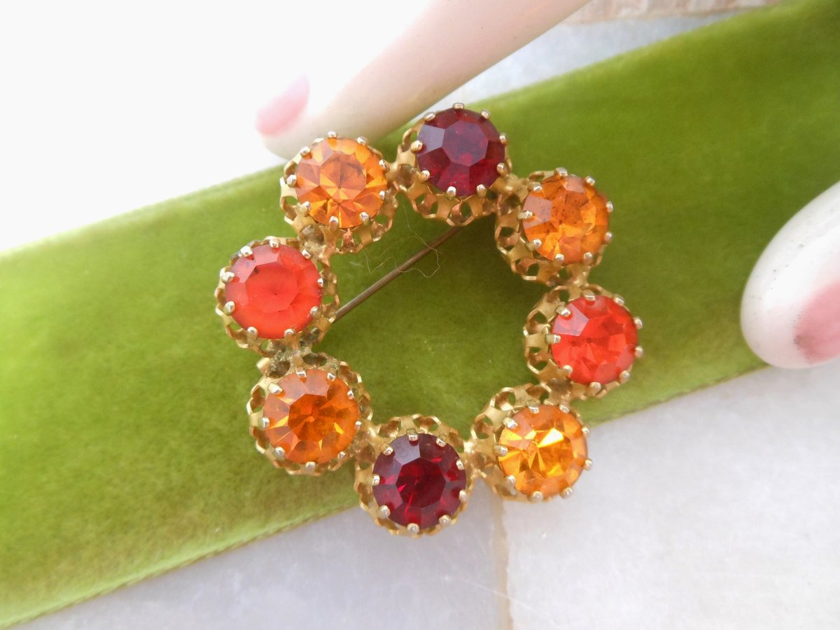 Vintage AUSTRIA Crystal Wreath Designer Rhinestone Pin Brooch Red Orange Yellow Ornate Mid Century Jewelry Gift, VivianJoel.com