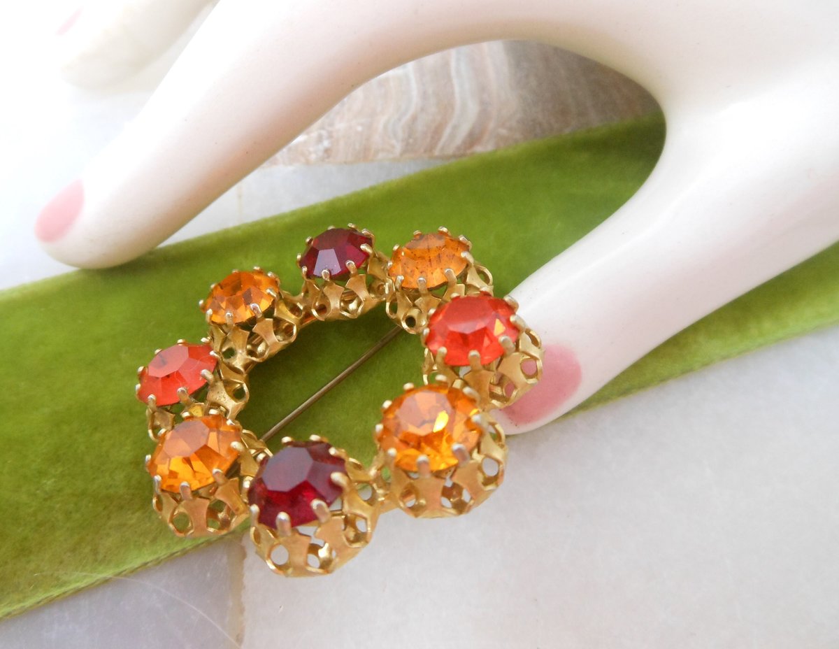 Vintage AUSTRIA Crystal Wreath Designer Rhinestone Pin Brooch Red Orange Yellow Ornate Mid Century Jewelry Gift, VivianJoel.com