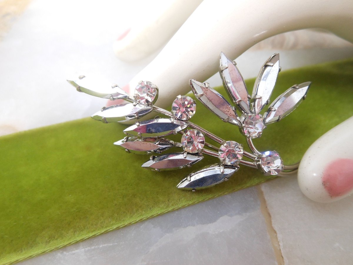 Vintage AUSTRIA Pin Rhinestone Crystal Brooch Flower Hematite Branch Mid Century Jewelry Gift, VivianJoel.com