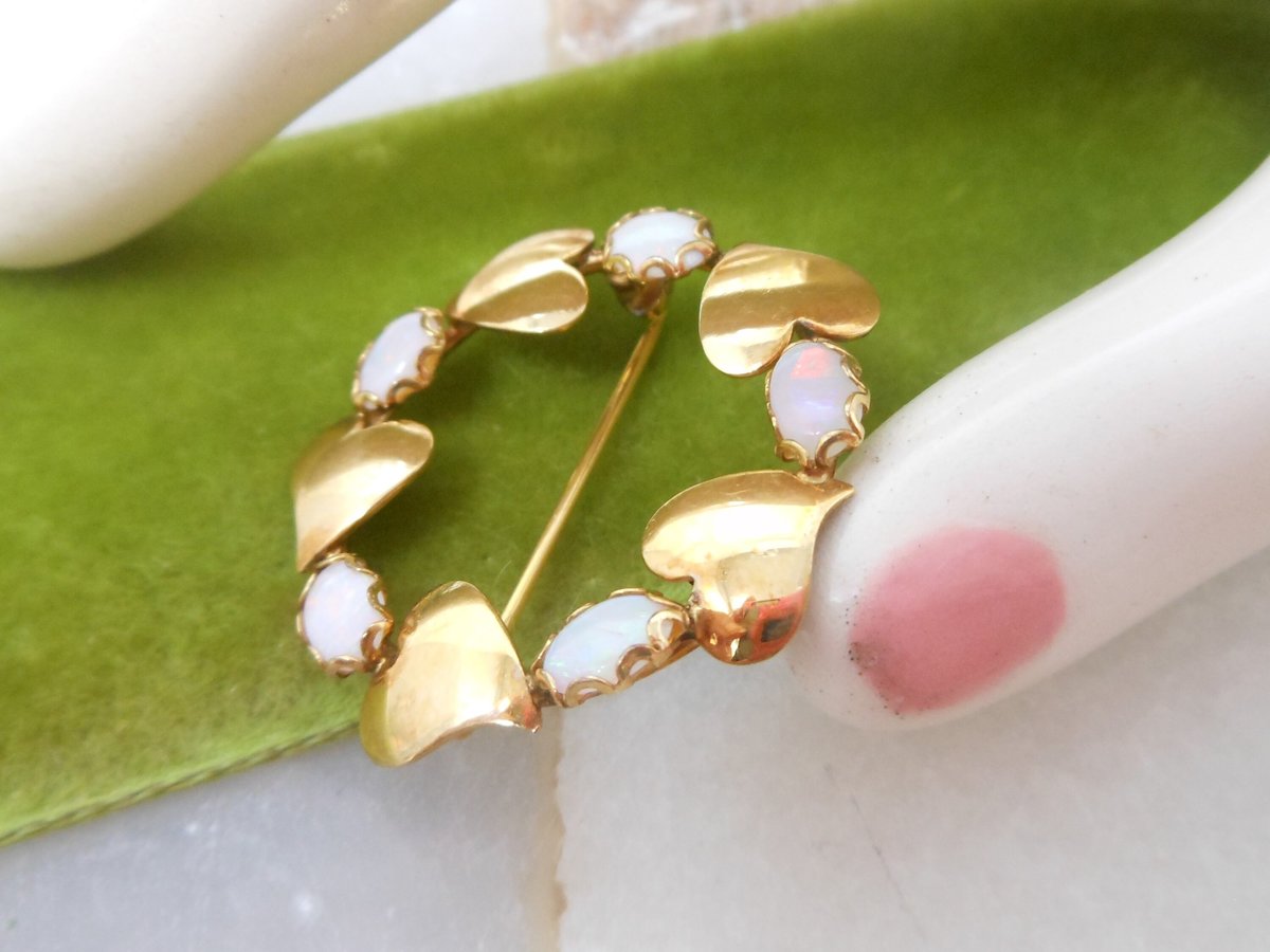 Vintage WINARD Opal Brooch Gold Fill Pin Petite Leaf Wreath Infinity Gemstone Circle GF Designer Mid Century Jewelry Gift, VivianJoel.com