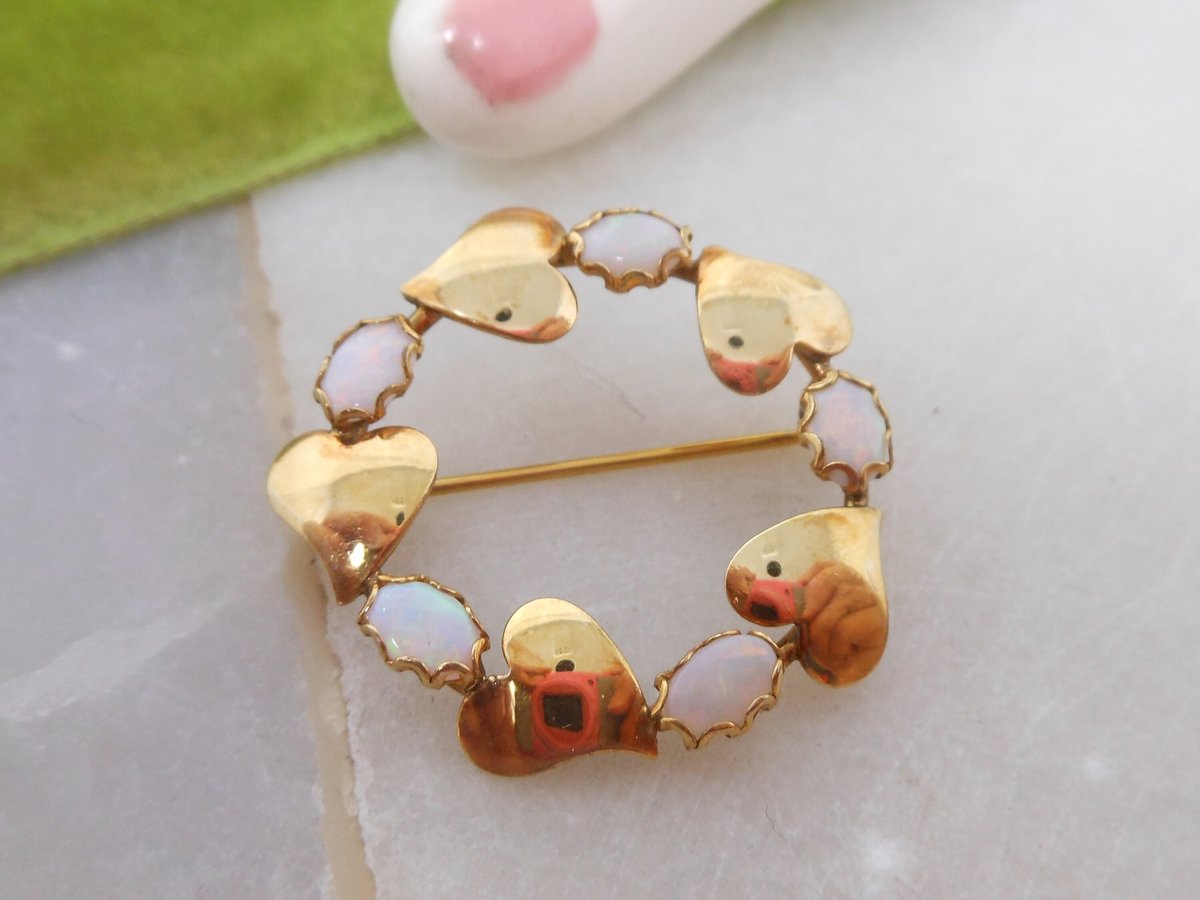 Vintage WINARD Opal Brooch Gold Fill Pin Petite Leaf Wreath Infinity Gemstone Circle GF Designer Mid Century Jewelry Gift, VivianJoel.com