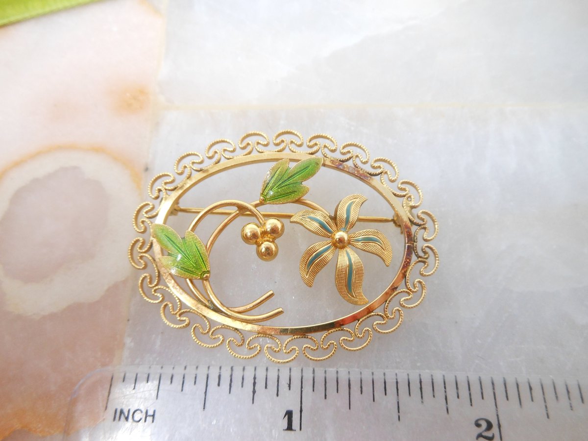 Vintage VAN DELL Ornate Brooch Filigree Pin Flower Enamel Delicate Gold Fill GF Designer Mid Century Jewelry Gift, VivianJoel.com