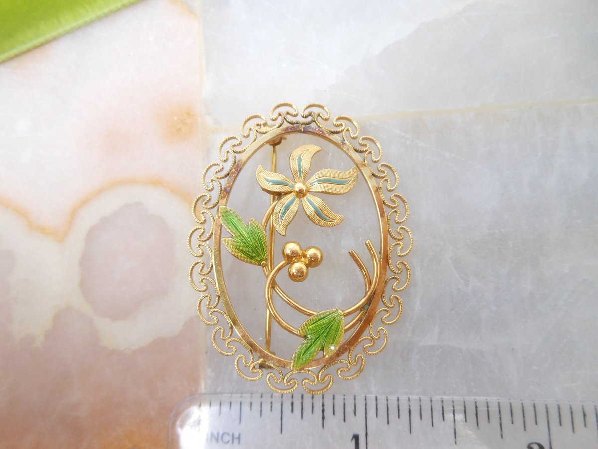 Vintage VAN DELL Ornate Brooch Filigree Pin Flower Enamel Delicate Gold Fill GF Designer Mid Century Jewelry Gift, VivianJoel.com