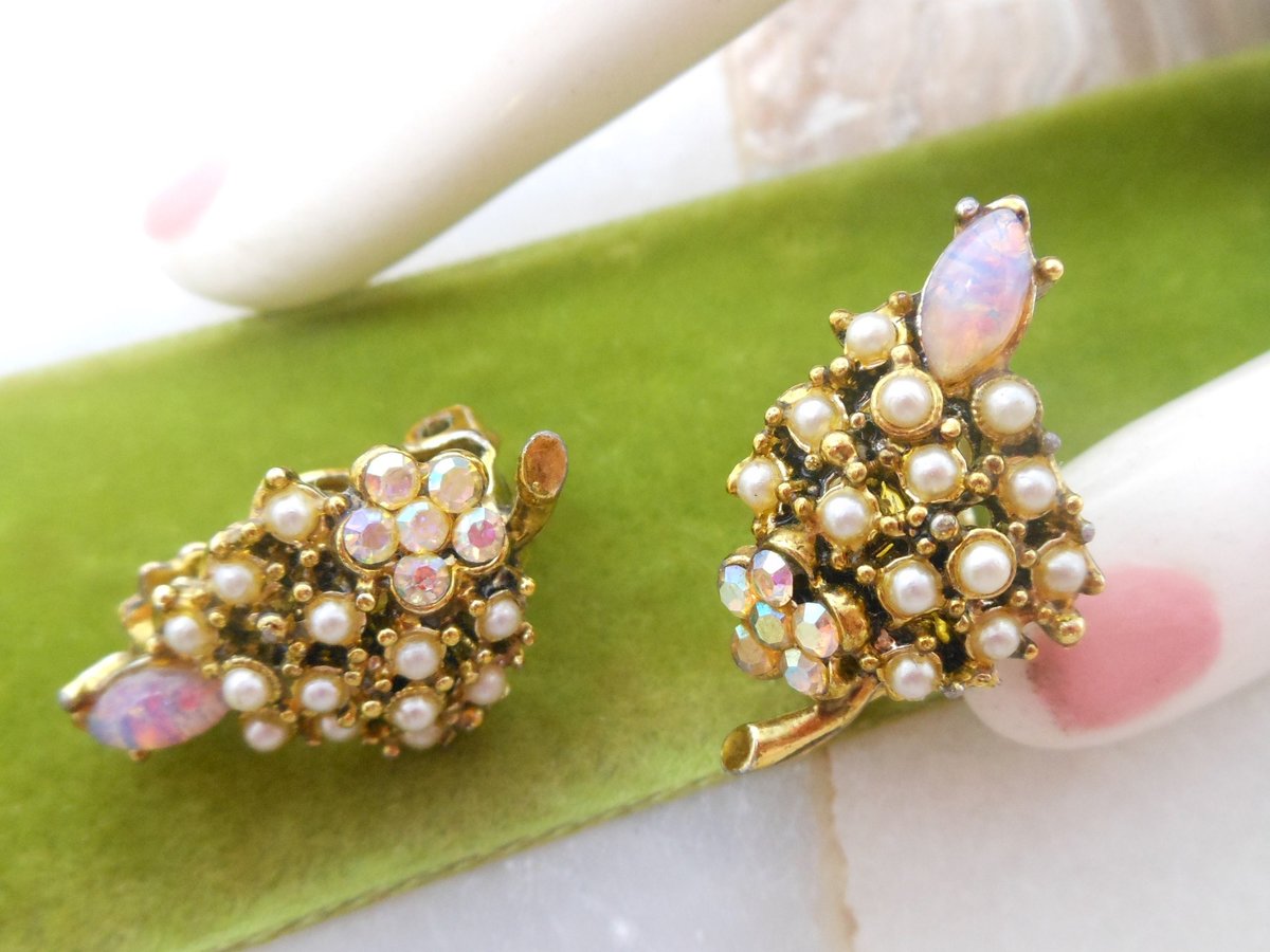 Vintage Ornate Opal Pearl Earrings Clip On Victorian Renaissance Revival Rhinestone Mid Century Jewelry Gift,  VivianJoel.com