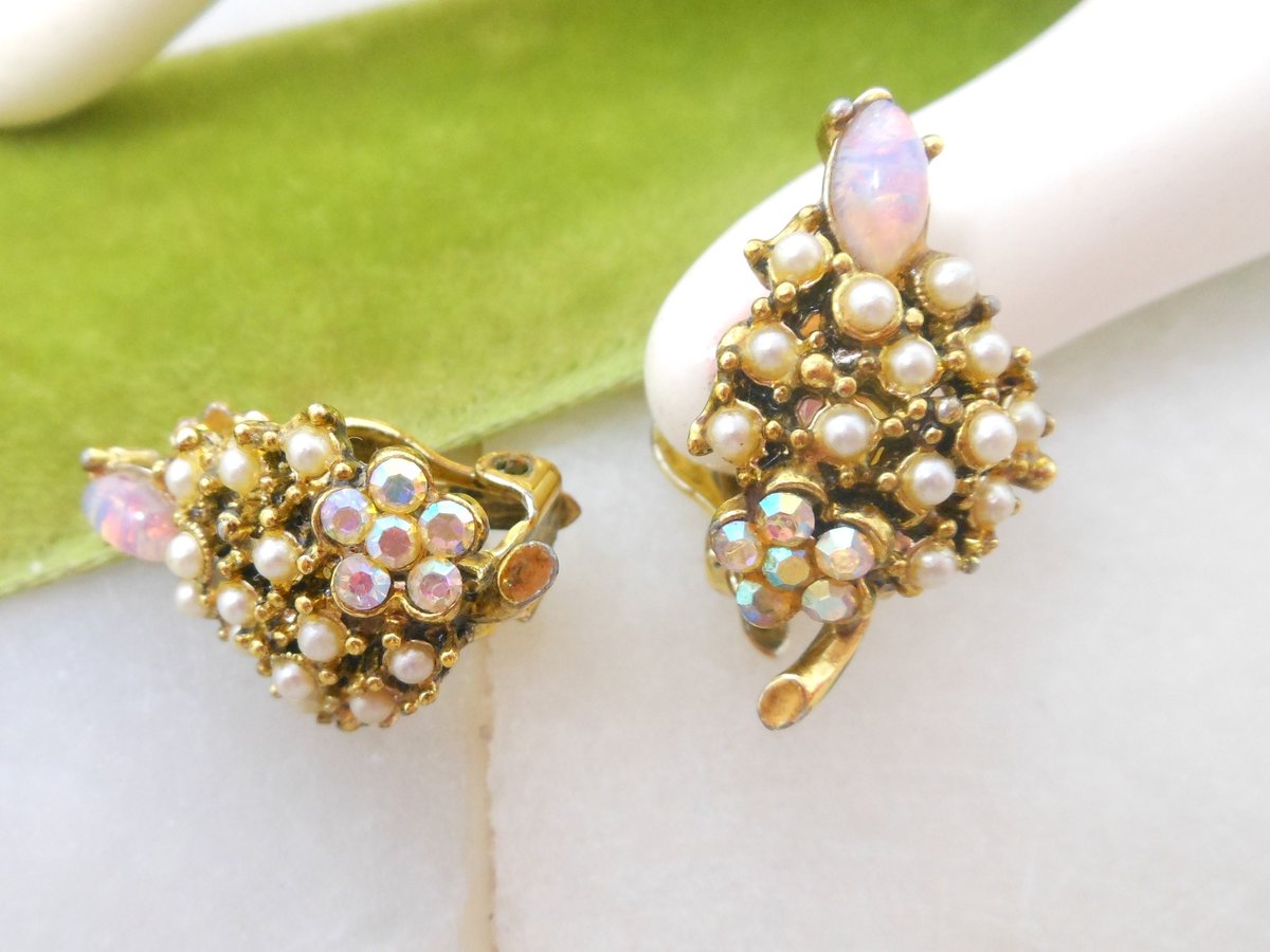 Vintage Ornate Opal Pearl Earrings Clip On Victorian Renaissance Revival Rhinestone Mid Century Jewelry Gift,  VivianJoel.com