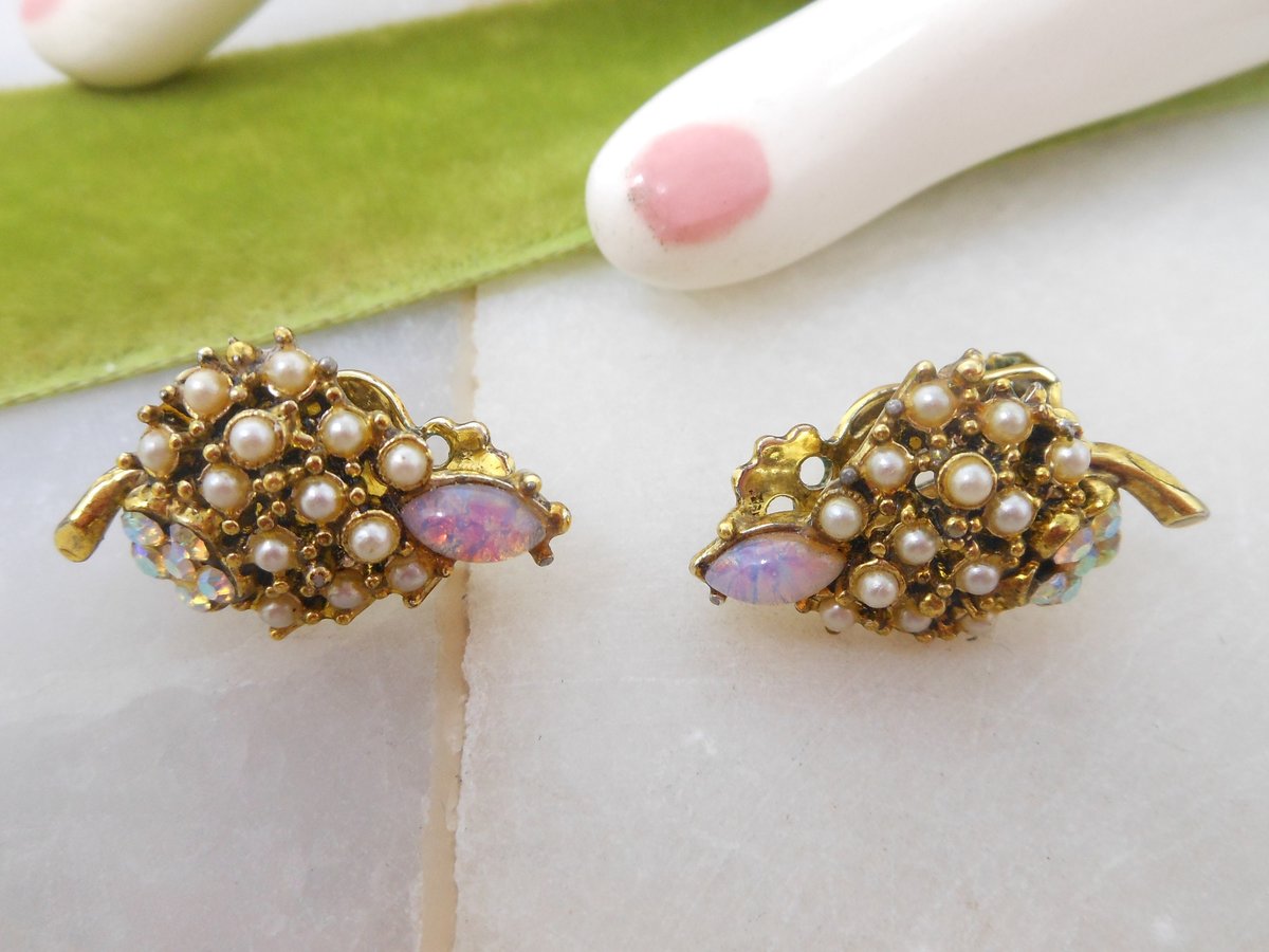 Vintage Ornate Opal Pearl Earrings Clip On Victorian Renaissance Revival Rhinestone Mid Century Jewelry Gift,  VivianJoel.com