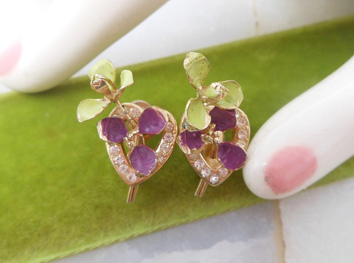Vintage Pansy Enamel Flower Rhinestone Heart Earrings Screw Back Petite Delicate Mid Century Jewelry Gift, VivianJoel.com