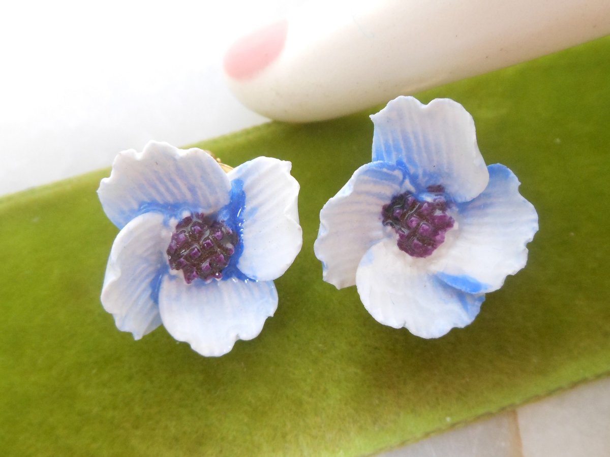 Vintage ROYAL ADDERLEY Blue Flower Earrings Bone China England Clip On Original Box Jewelry Gift Wedding Mid Century, VivianJoel.com
