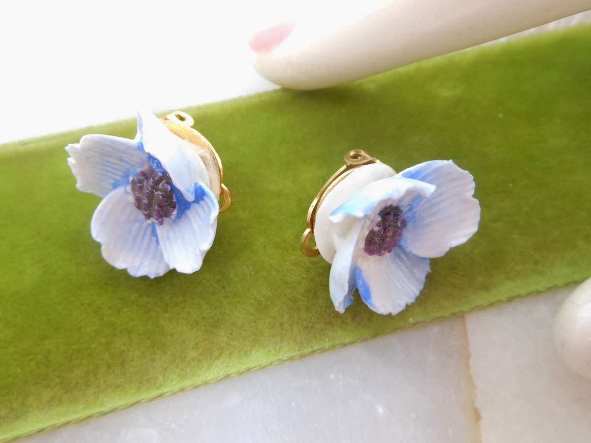 Vintage ROYAL ADDERLEY Blue Flower Earrings Bone China England Clip On Original Box Jewelry Gift Wedding Mid Century, VivianJoel.com