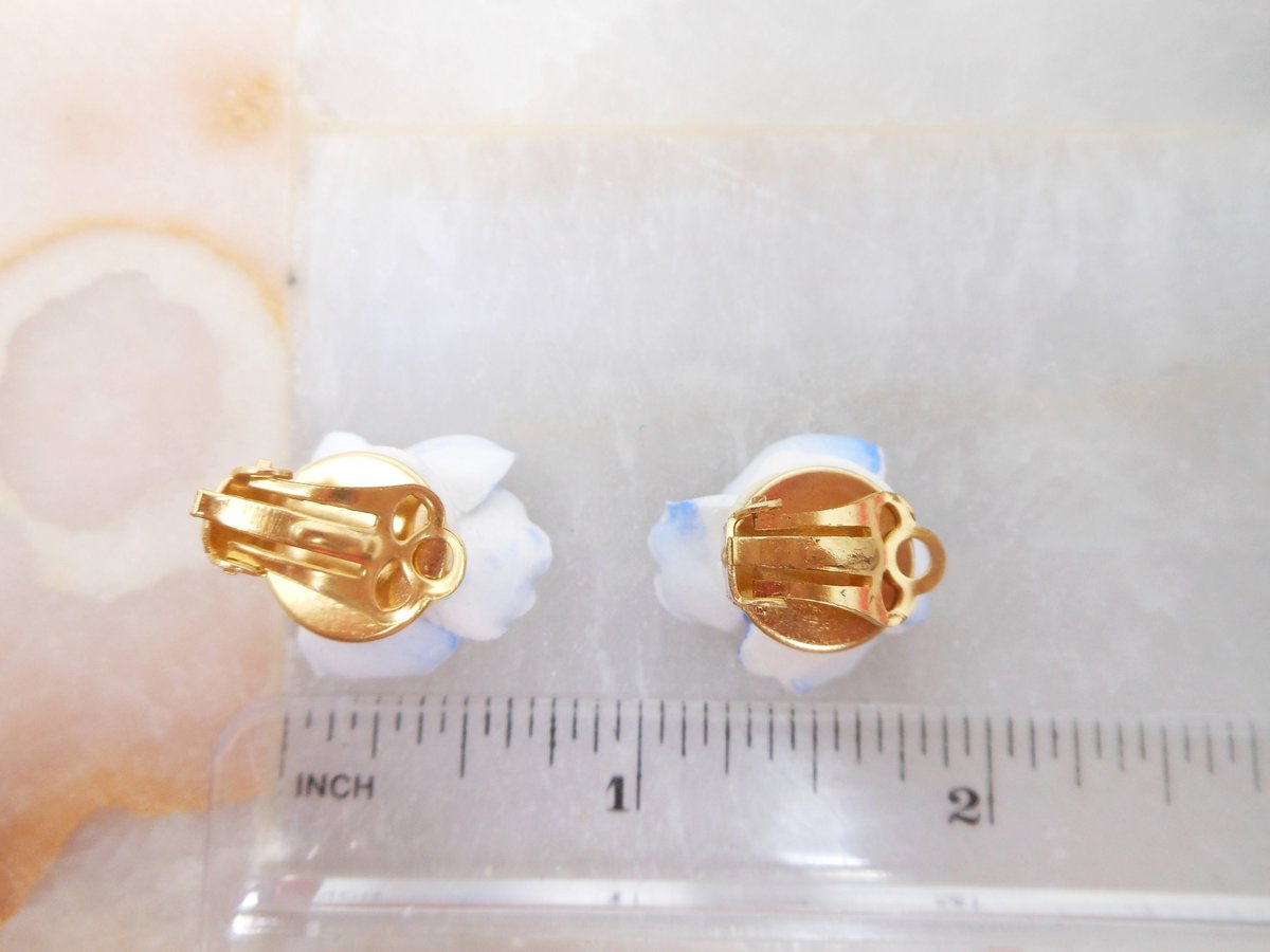 Vintage ROYAL ADDERLEY Blue Flower Earrings Bone China England Clip On Original Box Jewelry Gift Wedding Mid Century, VivianJoel.com