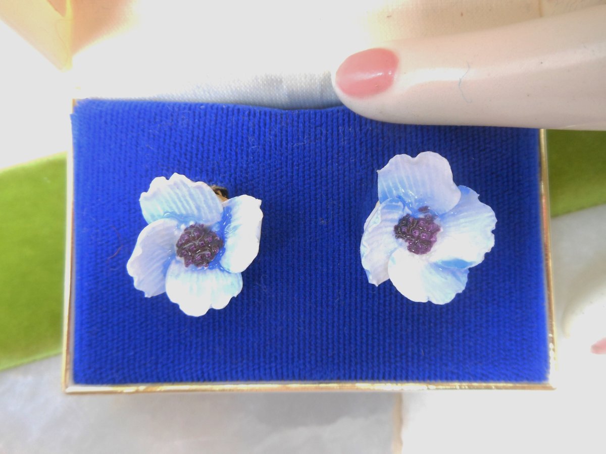 Vintage ROYAL ADDERLEY Blue Flower Earrings Bone China England Clip On Original Box Jewelry Gift Wedding Mid Century, VivianJoel.com