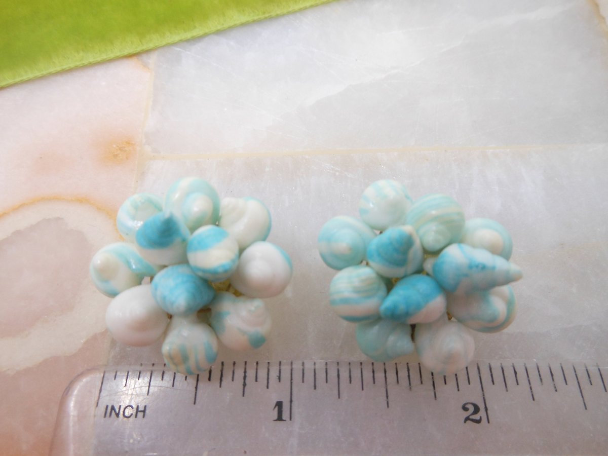 Vintage WEST GERMANY Earrings Blue Seashell Cluster Bead Designer Plastic Jewelry Mid Century, VivianJoel.com