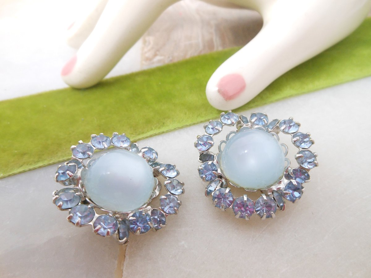 Vintage Blue Rhinestone Earrings Flower Moonglow Clip On Statement Glam Jewelry Gift Mid Century, VivianJoel.com