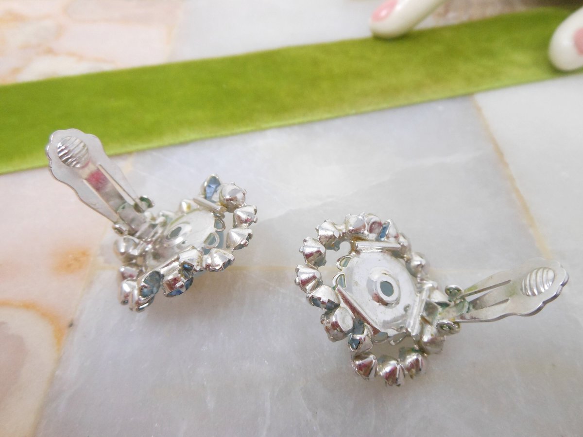 Vintage Blue Rhinestone Earrings Flower Moonglow Clip On Statement Glam Jewelry Gift Mid Century, VivianJoel.com