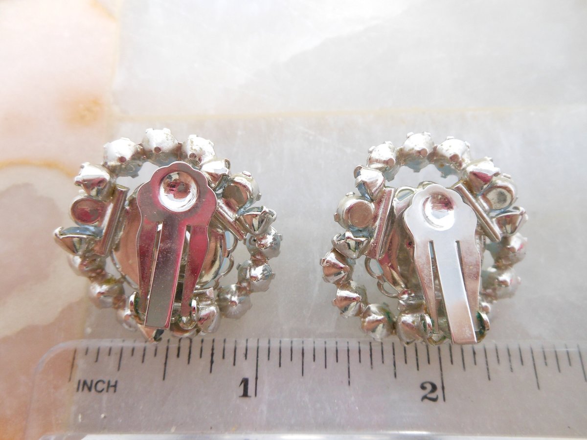 Vintage Blue Rhinestone Earrings Flower Moonglow Clip On Statement Glam Jewelry Gift Mid Century, VivianJoel.com