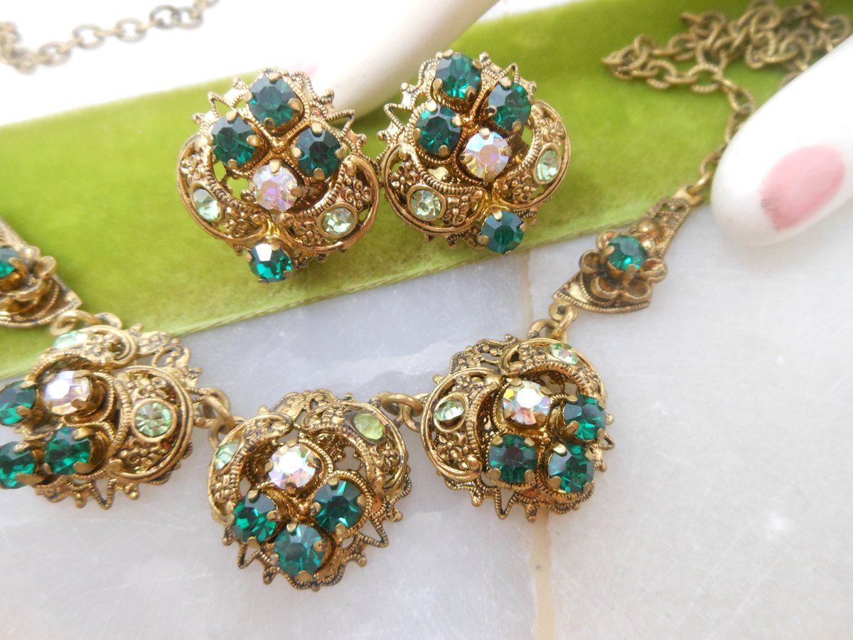 Vintage GERMANY Necklace Earrings Set Ornate Victorian Renaissance Revival Green Crystal Rhinestone Jewelry Mid Century, VivianJoel.com