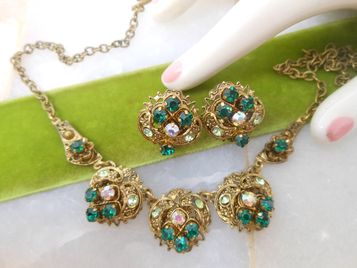 Vintage GERMANY Necklace Earrings Set Ornate Victorian Renaissance Revival Green Crystal Rhinestone Jewelry Mid Century, VivianJoel.com