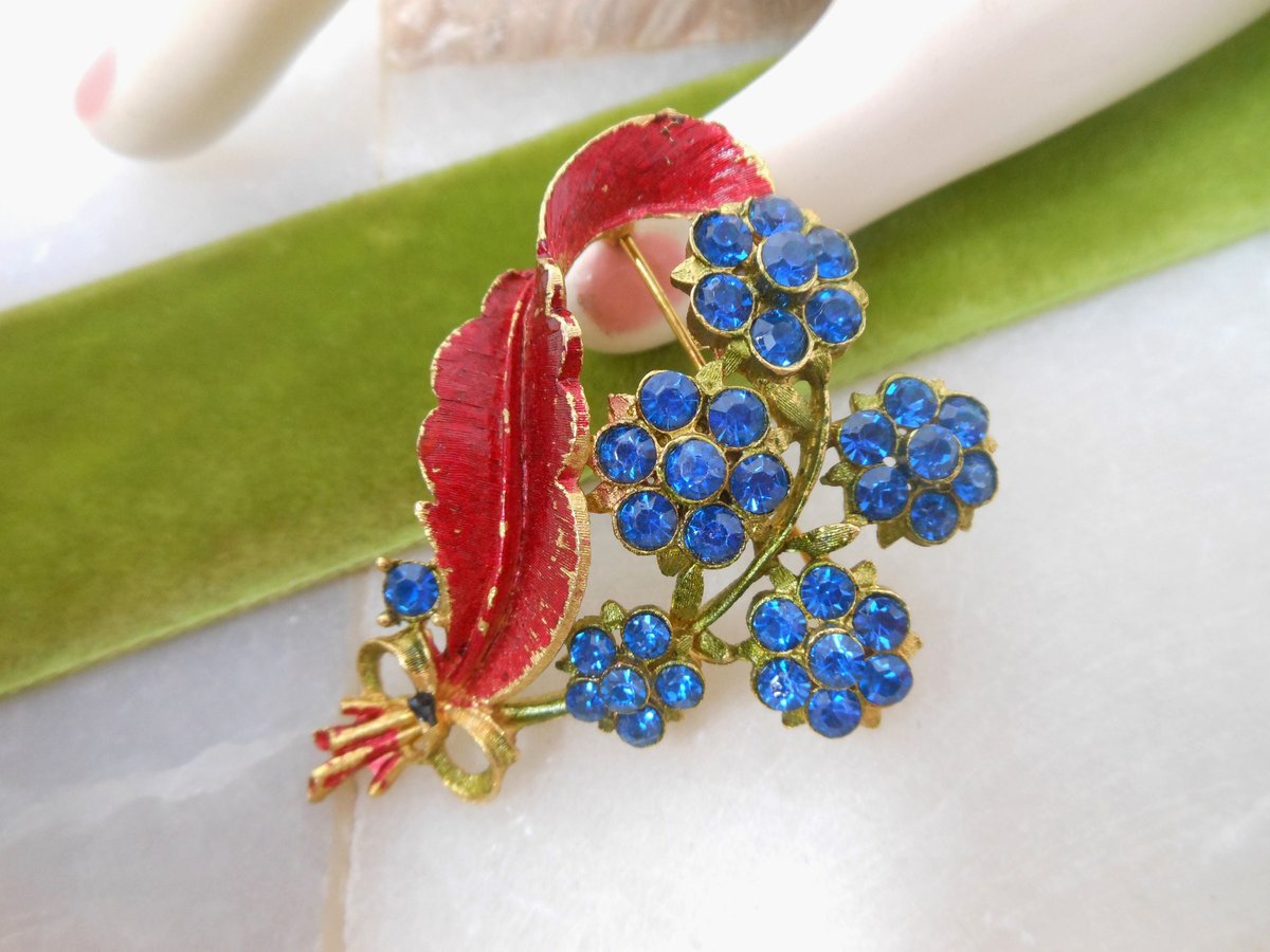 Vintage MAMSELLE Brooch Flower Blue Rhinestone Pin Enamel Bouquet Mid Century Designer Jewelry Gift,  VivianJoel.com