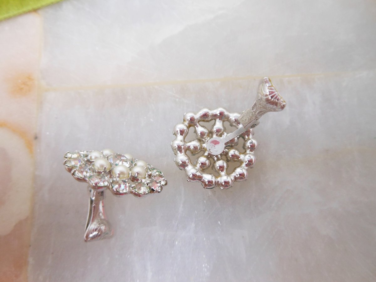 Vintage B DAVID Rhinestone Pearl Earrings Clip On Glamour Sparkle Wedding Mid Century Jewelry Gift, VivianJoel.com