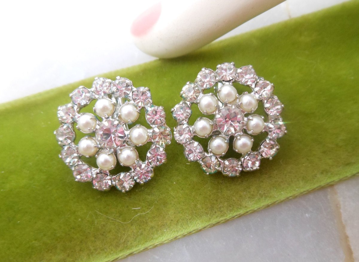 Vintage B DAVID Rhinestone Pearl Earrings Clip On Glamour Sparkle Wedding Mid Century Jewelry Gift, VivianJoel.com