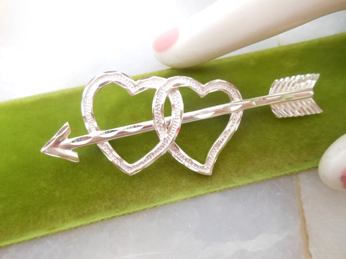 Vintage STERLING SILVER Brooch Double Heart Arrow Love Pin Designer Valentine Mid Century Jewelry Gift, VivianJoel.com