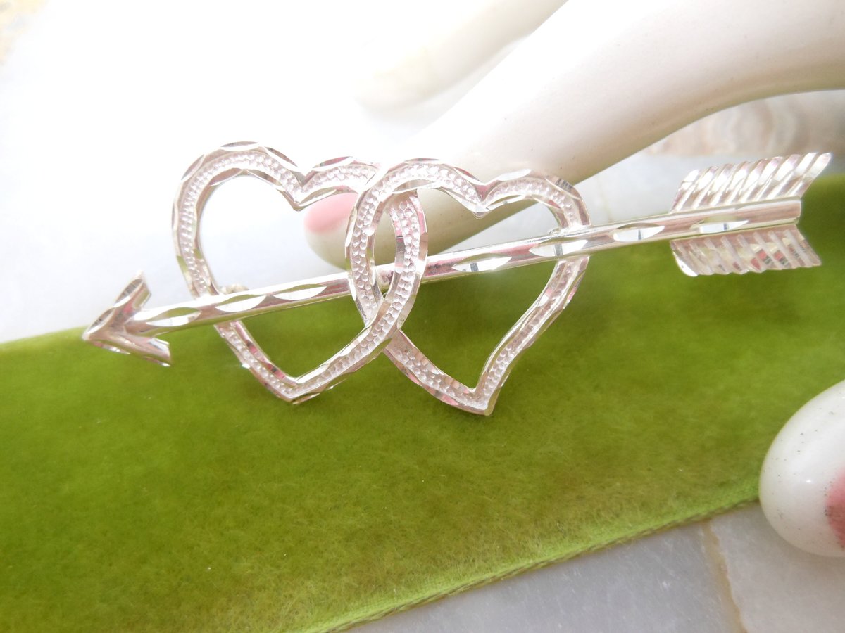 Vintage STERLING SILVER Brooch Double Heart Arrow Love Pin Designer Valentine Mid Century Jewelry Gift, VivianJoel.com