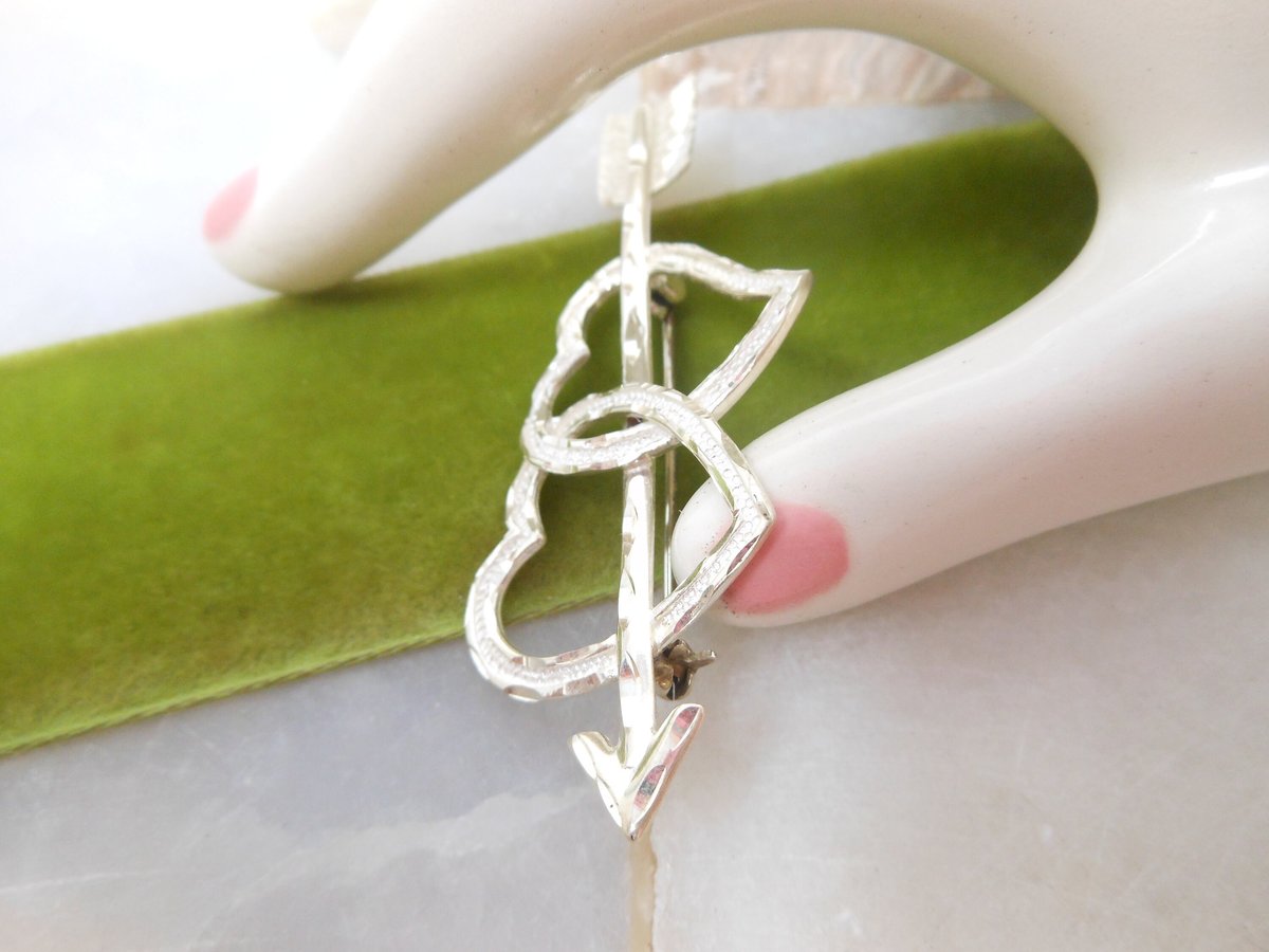 Vintage STERLING SILVER Brooch Double Heart Arrow Love Pin Designer Valentine Mid Century Jewelry Gift, VivianJoel.com