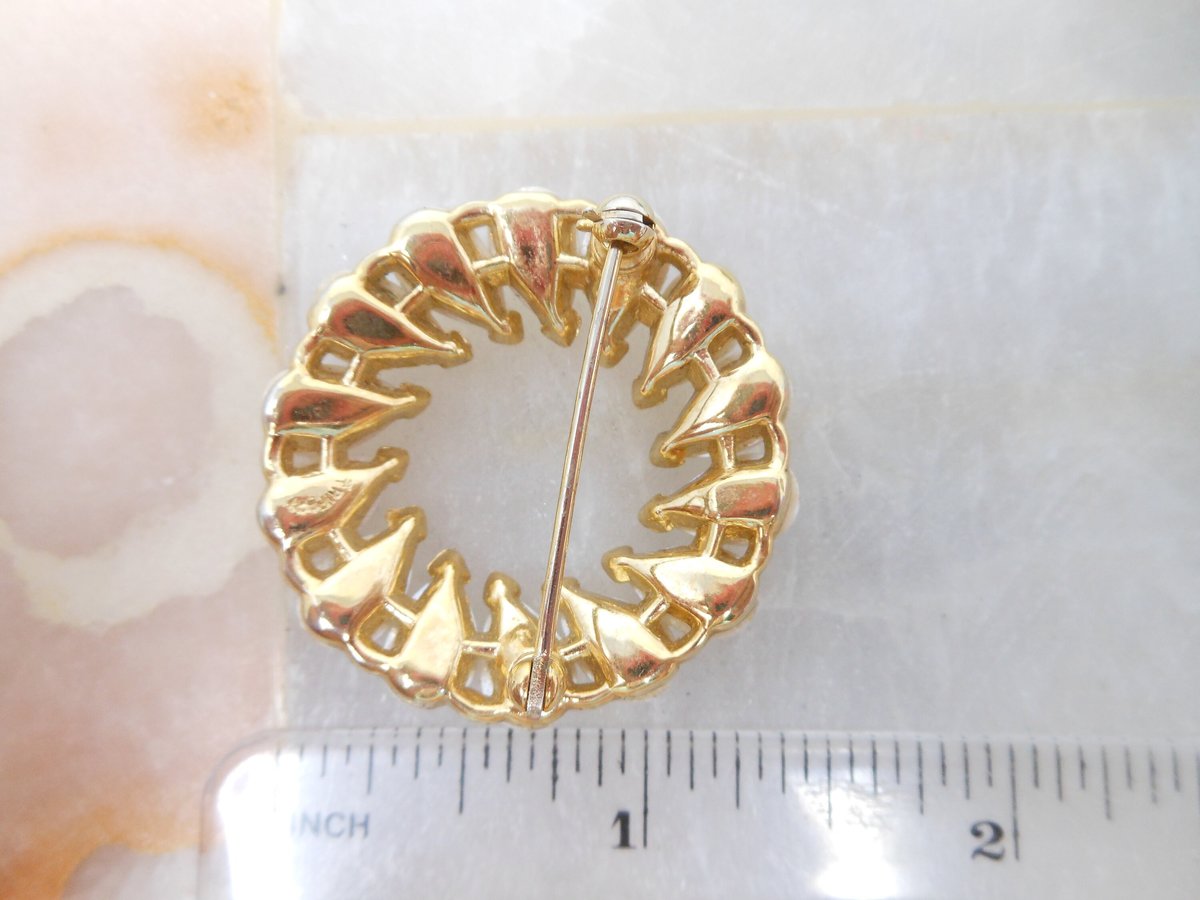 Vintage Crown TRIFARI Classic Brooch Pearl Pin Wreath Circle Gold Plate Mid Century Designer Jewelry Gift, VivianJoel.com