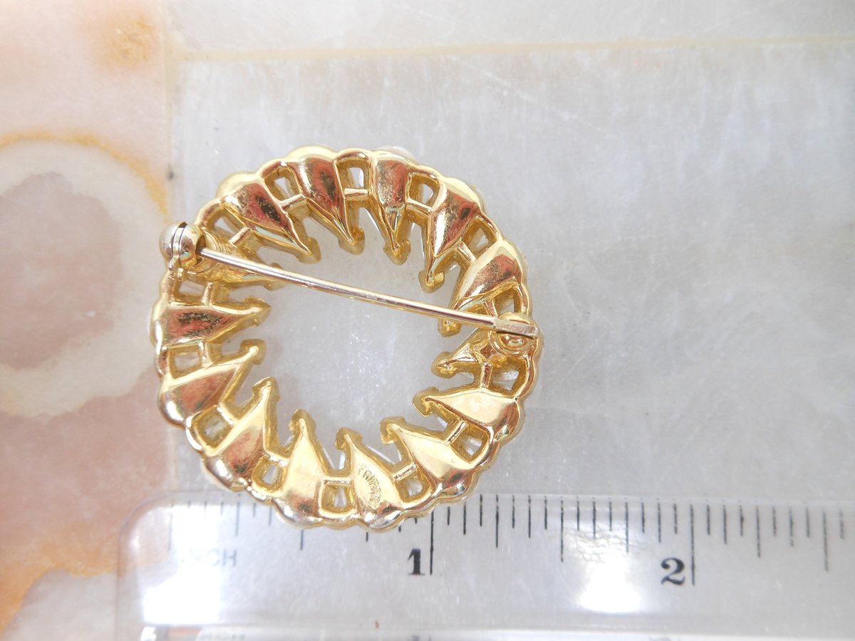 Vintage Crown TRIFARI Classic Brooch Pearl Pin Wreath Circle Gold Plate Mid Century Designer Jewelry Gift, VivianJoel.com