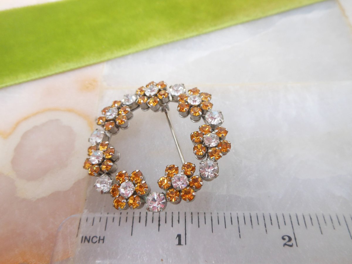 Vintage Topaz Flower Brooch Rhinestone Pin Wreath Clear Jewelry Gift Mid Century, VivianJoel.com