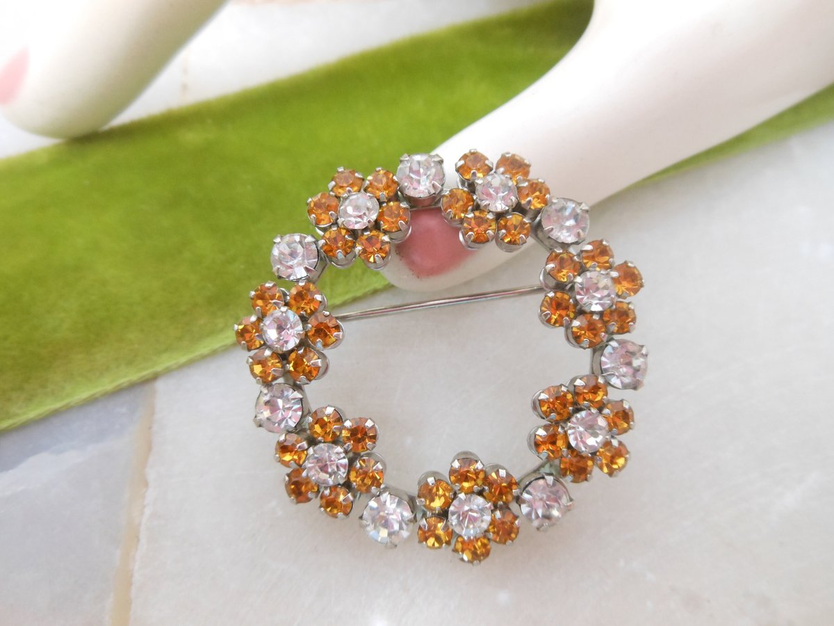 Vintage Topaz Flower Brooch Rhinestone Pin Wreath Clear Jewelry Gift Mid Century, VivianJoel.com