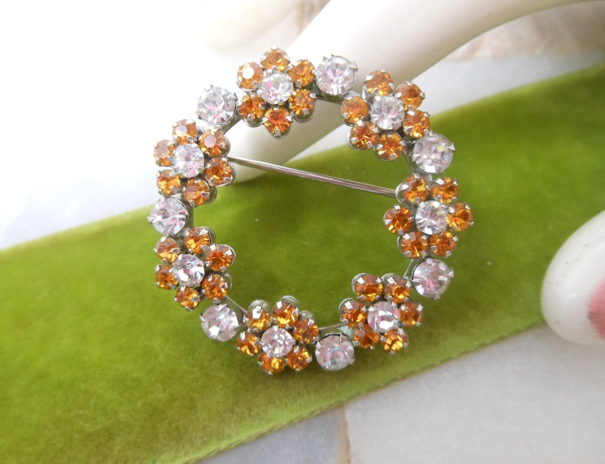 Vintage Topaz Flower Brooch Rhinestone Pin Wreath Clear Jewelry Gift Mid Century, VivianJoel.com