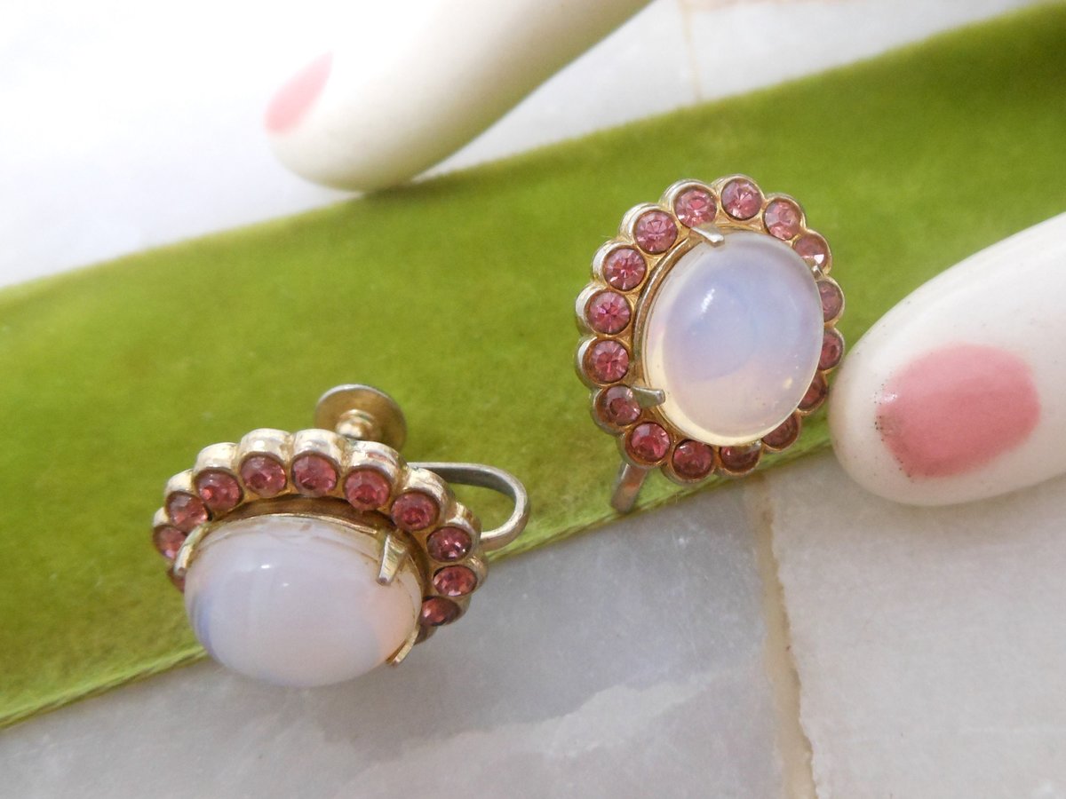 Vintage CORO Moonstone Pink Rhinestone Earrings Screw Back Opal Art Glass Designer Jewelry Mid Century, VivianJoel.com