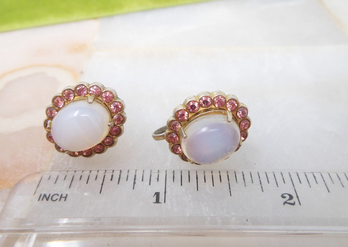 Vintage CORO Moonstone Pink Rhinestone Earrings Screw Back Opal Art Glass Designer Jewelry Mid Century, VivianJoel.com