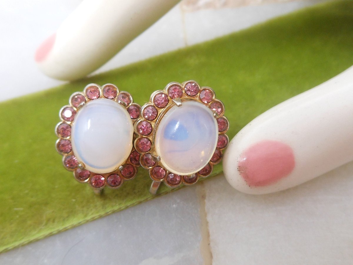 Vintage CORO Moonstone Pink Rhinestone Earrings Screw Back Opal Art Glass Designer Jewelry Mid Century, VivianJoel.com