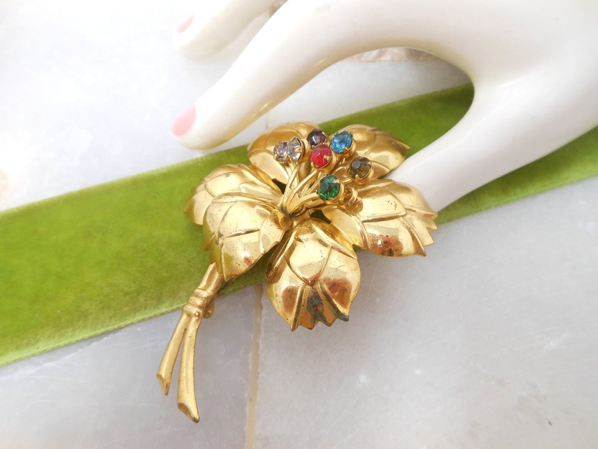 Vintage Rhinestone Flower Pin Fruit Salad Brooch Stamped Brass Mid Century Jewelry Gift, VivianJoel.com