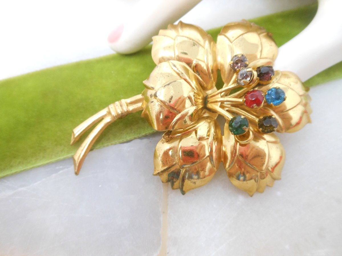 Vintage Rhinestone Flower Pin Fruit Salad Brooch Stamped Brass Mid Century Jewelry Gift, VivianJoel.com