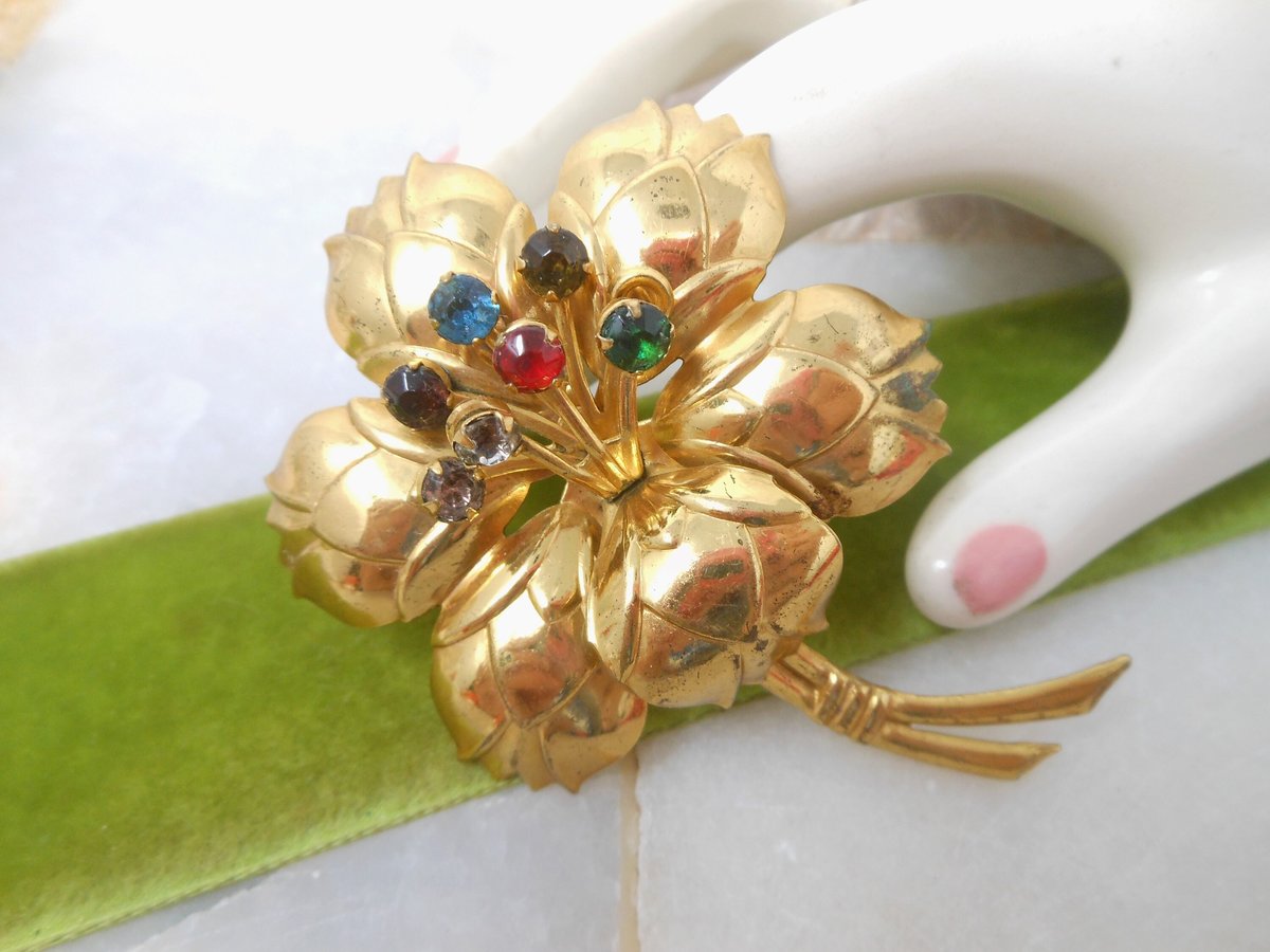 Vintage Rhinestone Flower Pin Fruit Salad Brooch Stamped Brass Mid Century Jewelry Gift, VivianJoel.com