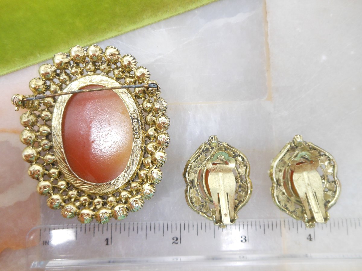 Vintage DODDS Designer Cameo Brooch Earrings Set Rhinestone Pearl Ornate Pin Victorian Revival Mid Century Jewelry Gift,  VivianJoel.com